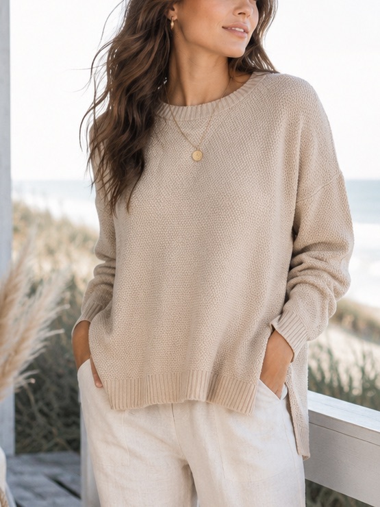 Leani Beige Textured Knit Crew Neck Sweater Xl Women’s Oversized Hi-Low Hem